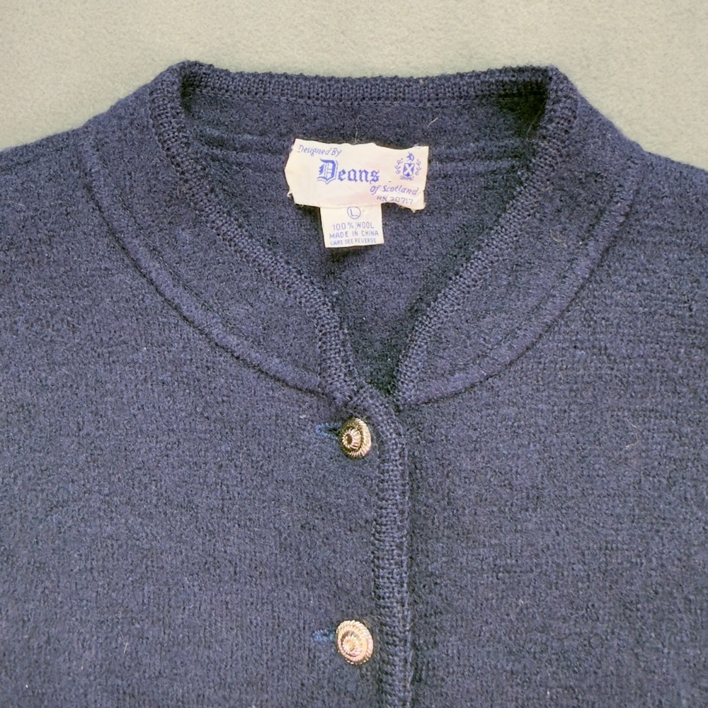Deans of Scotland Navy Blue Wool Cardigan Sweater Size Large Puff Sleeve Vintage - Picture 3 of 10